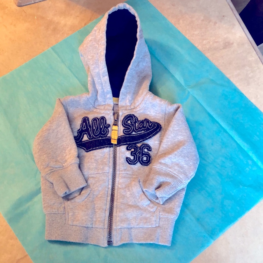 Carter's All-Star zip up hoodie. Gray,blue writing,blue hood int,  infant 3 mo.